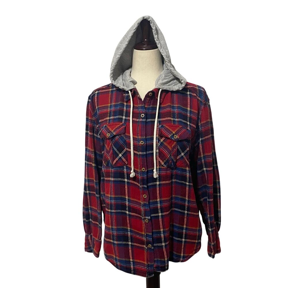 Forever 21 Removable Hood Flannel Shirt Plaid Red Blue Women’s Size L